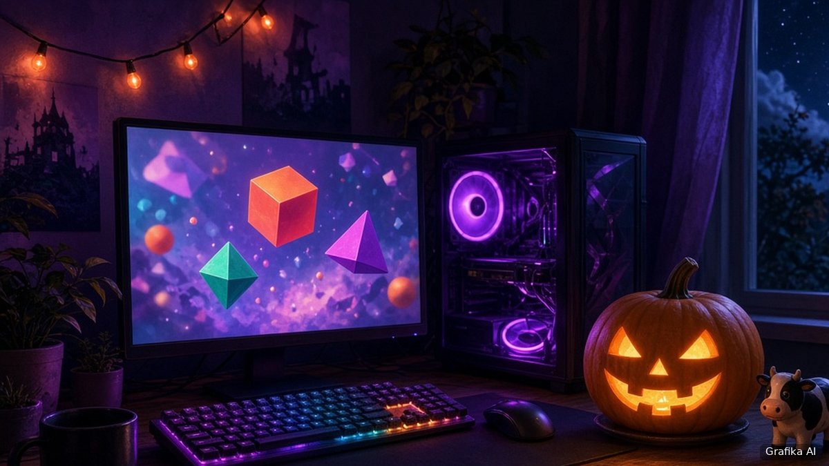 Halloweenowe stanowisko gracza z dynią i komputerem nocą (grafika wygenerowana przez AI)