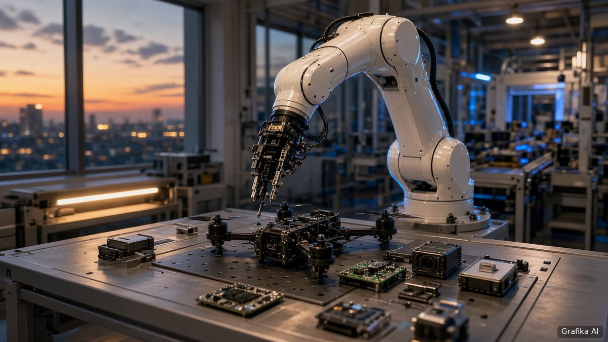 Robot przemysłowy montujący drona i elektronikę na linii produkcyjnej (grafika wygenerowana przez AI)