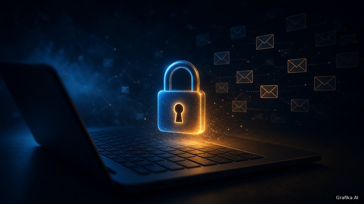 Kłódka nad laptopem i ikony e-maili symbolizujące phishing bankowy (grafika wygenerowana przez AI)