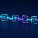 Ramię robota uruchamiające łańcuch połączonych kroków automatyzacji i wskaźnik limitu kosztów (grafika wygenerowana przez AI)