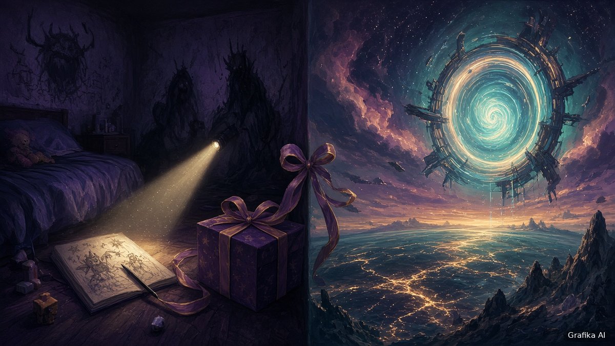Mroczny pokój oświetlony latarką i portal czasu nad obcą planetą (grafika wygenerowana przez AI)