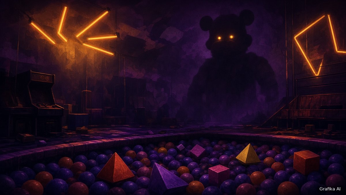 Mroczna pizzeria z basenem z kulkami i sylwetką animatronika (grafika wygenerowana przez AI)