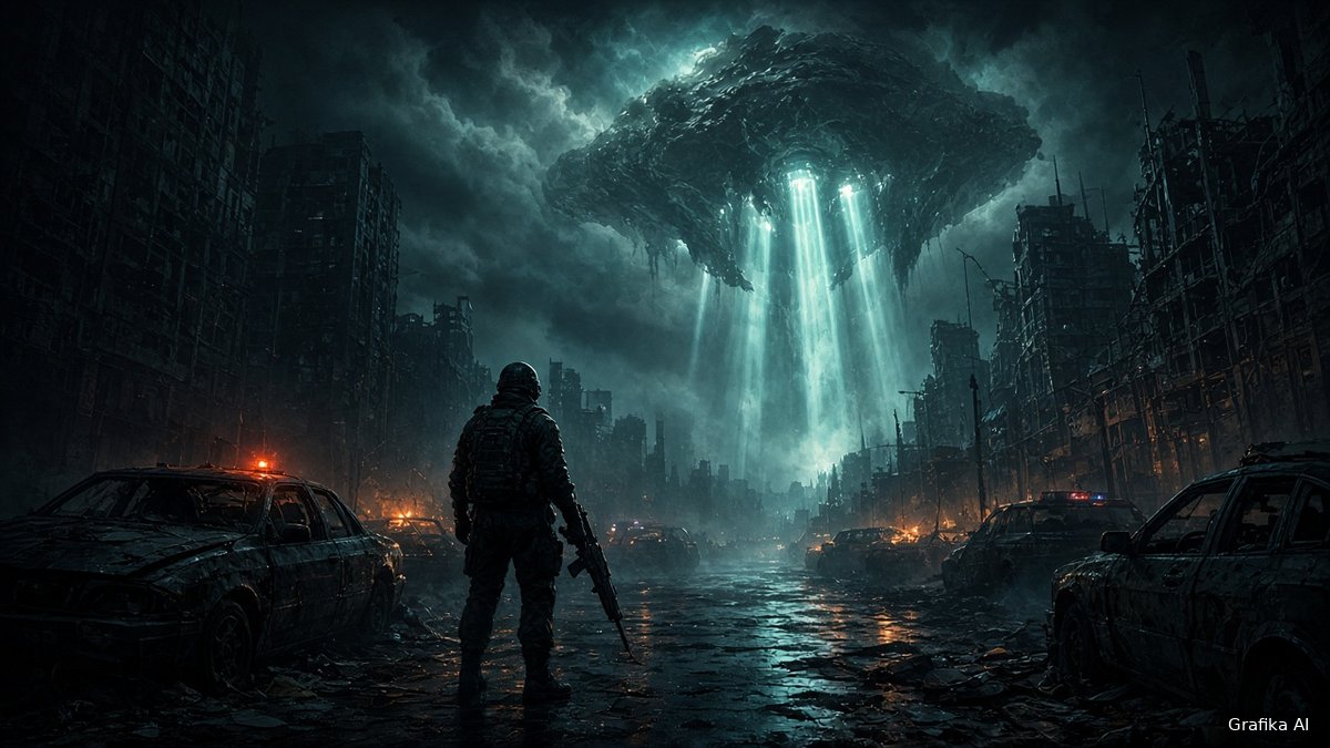 Żołnierz z karabinem na pustej ulicy nocnego miasta pod świecącym obiektem na niebie (grafika wygenerowana przez AI)