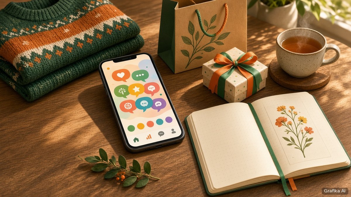 Smartfon z aplikacją do nauki języków obok swetra i torby z zakupami (grafika wygenerowana przez AI)