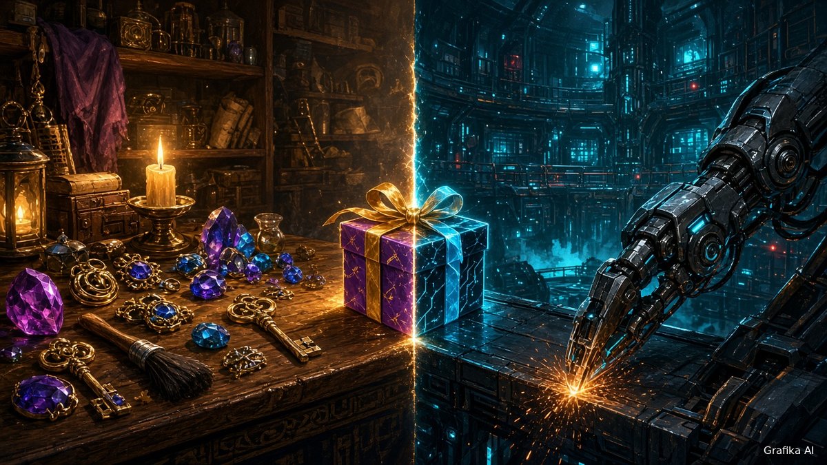 Przytulny sklepik z błyskotkami i cybernetyczna arena więzienna z prezentem pośrodku (grafika wygenerowana przez AI)